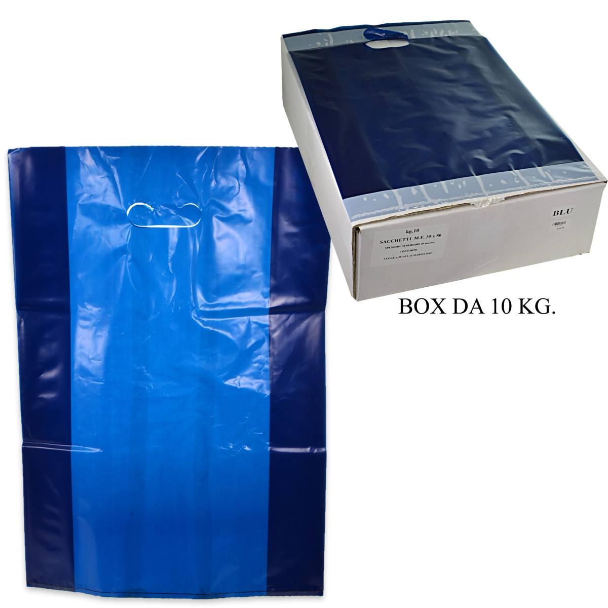 Shoppers plastica manico fagiolo colore blu H 55 X L 50 X P 7 cm.