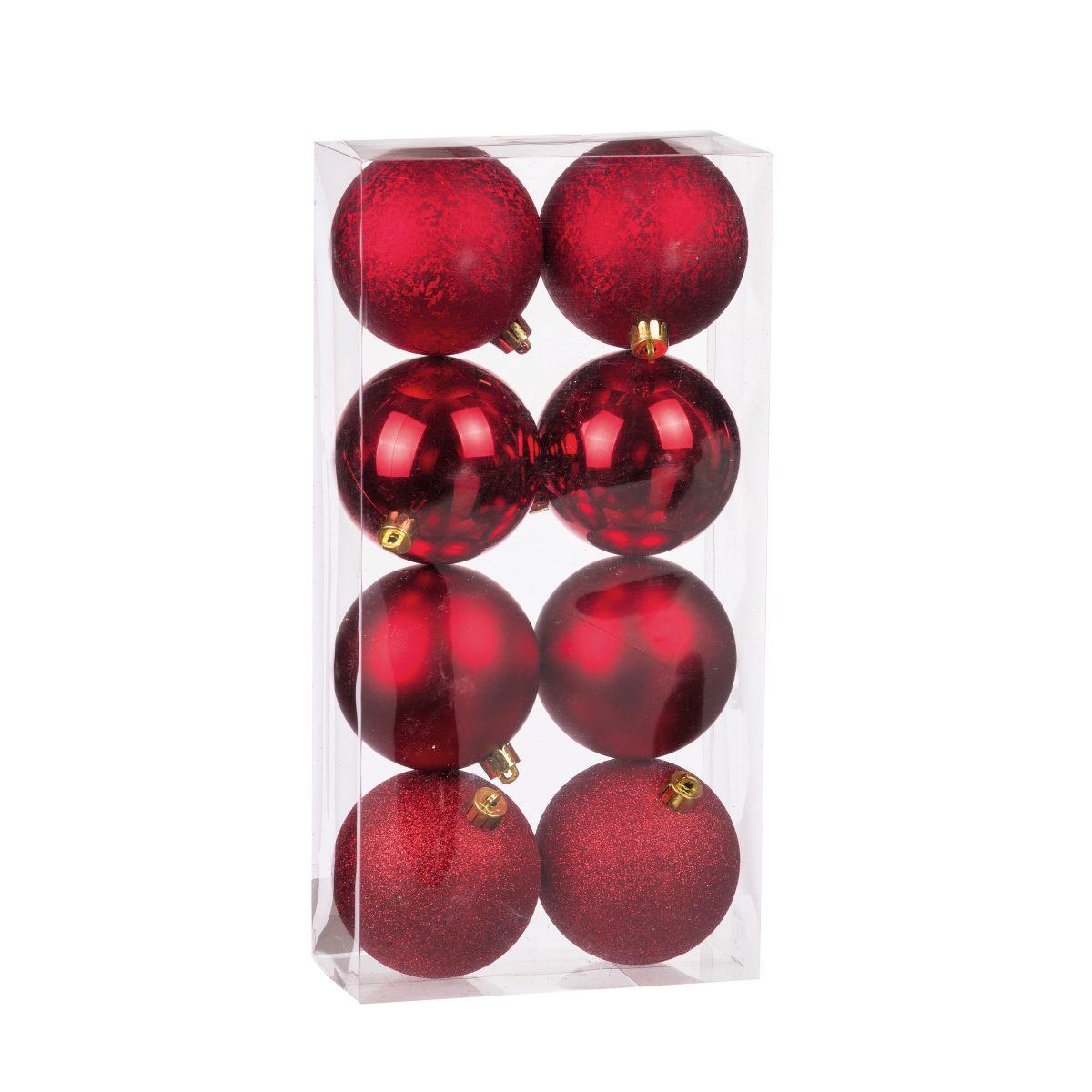 Set 8 palline di natale rosso in plastica d8 cm