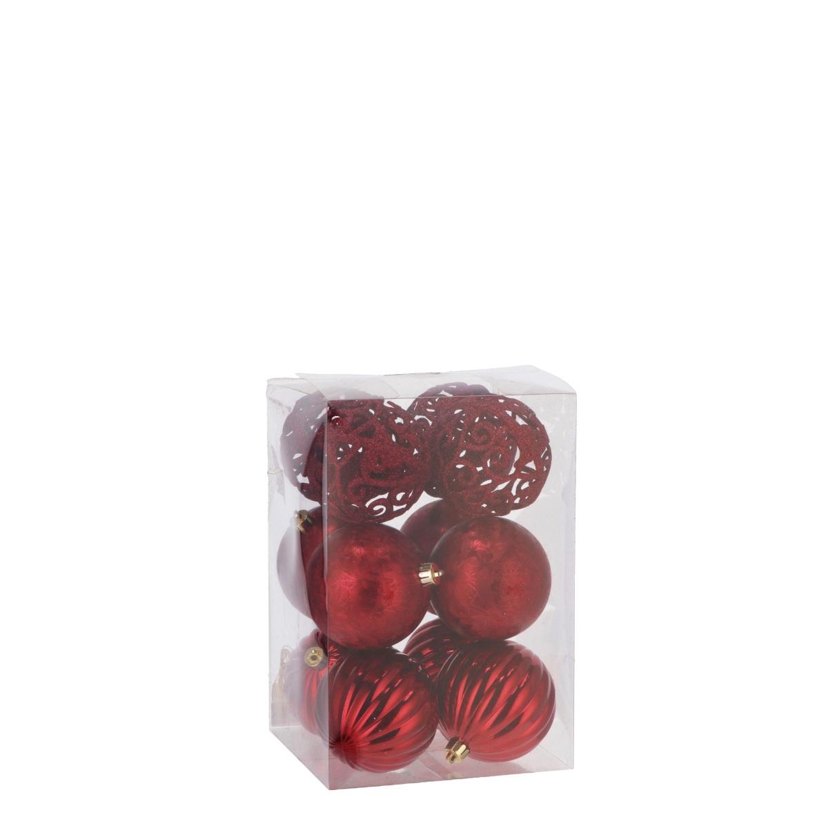 Set 12 palline di natale rosso scuro in plastica d8 cm