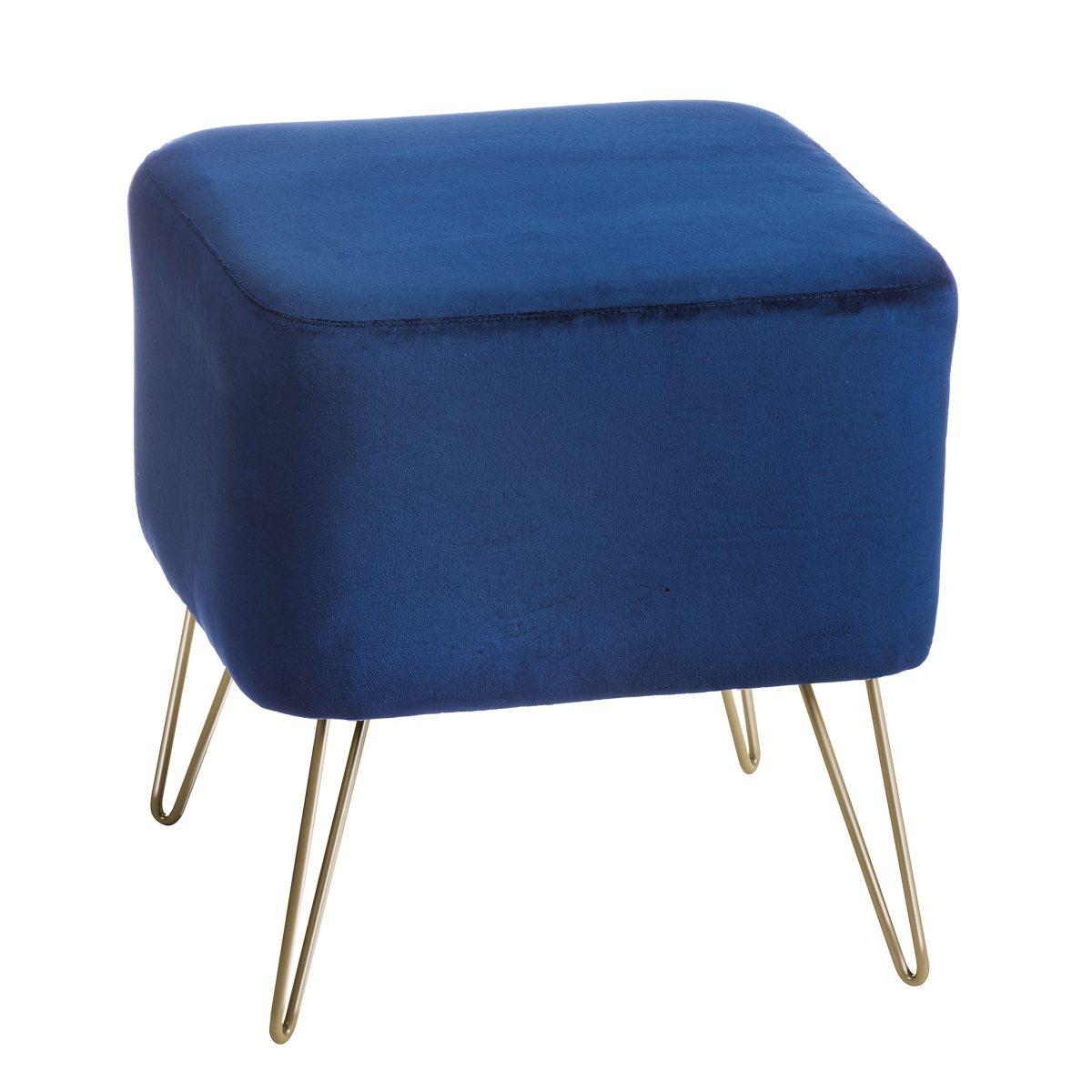 Pouf in velluto ikat con gambe in ferro blu 41x41xh43 cm